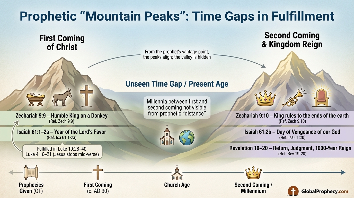 Infographic of prophetic mountain peaks showing time gaps between Christ’s first and second coming.