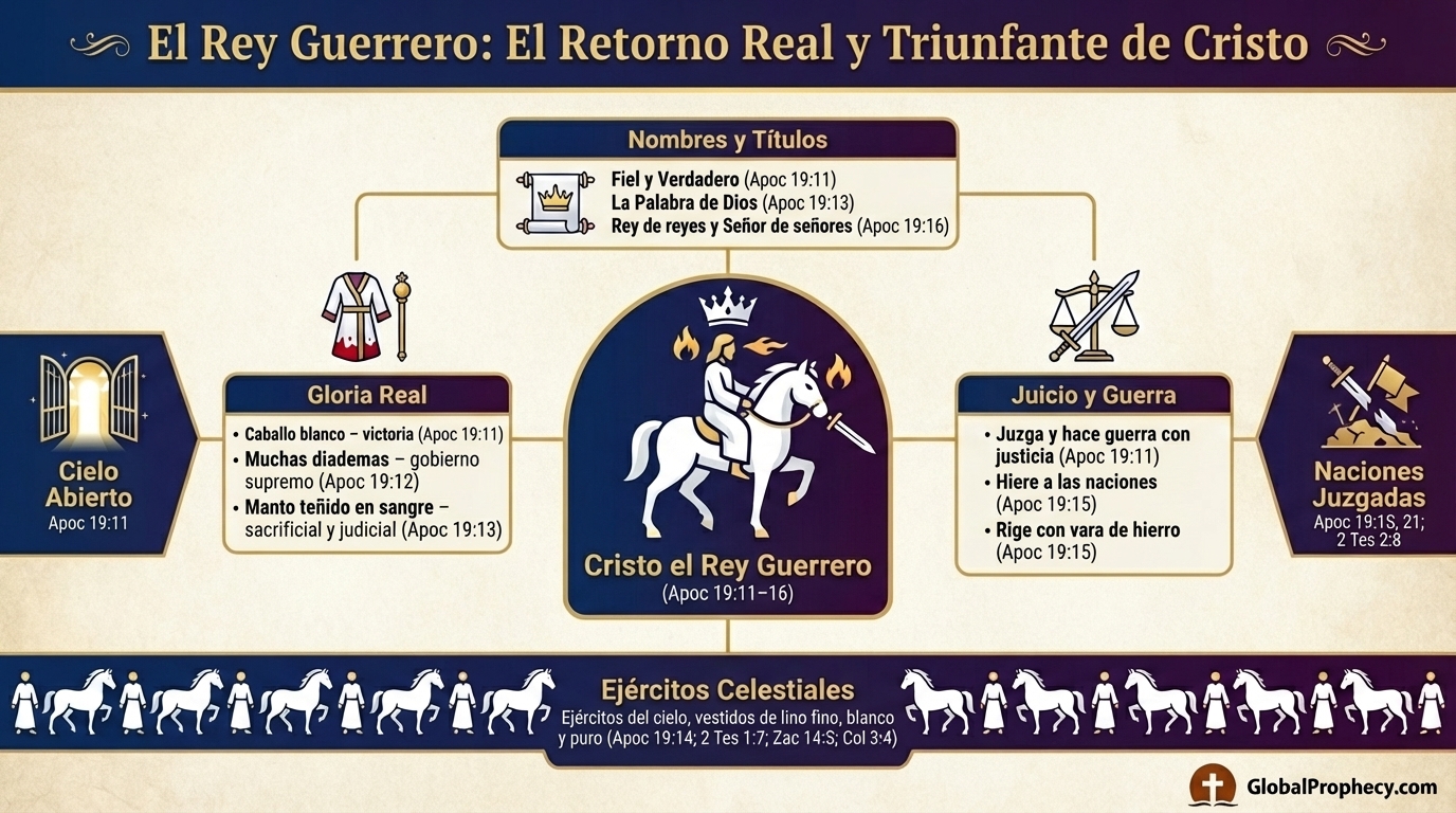 Diagrama del regreso real y triunfante de Cristo en Apocalipsis 19 con ejércitos celestiales.