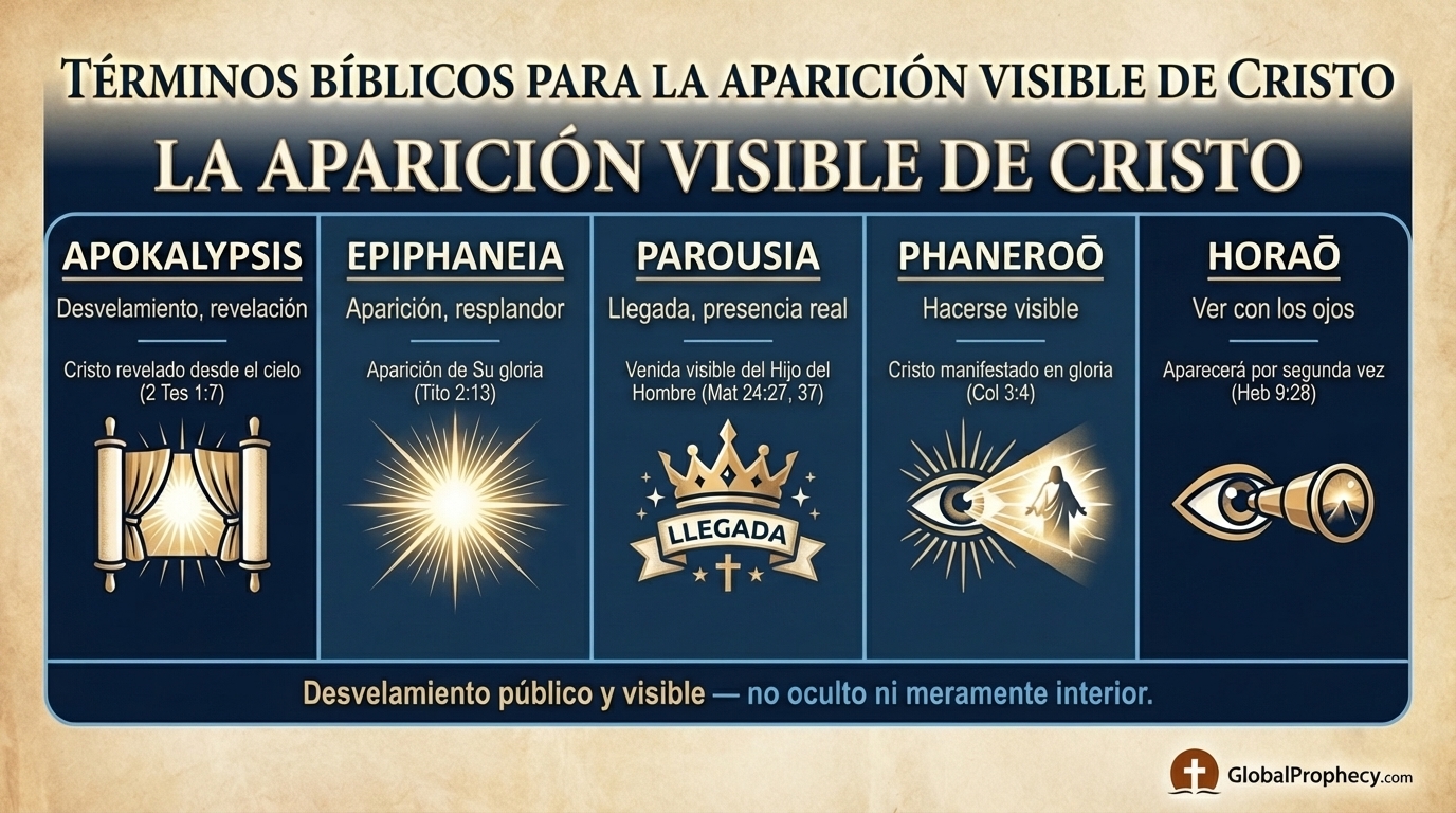 Gráfico informativo que explica los términos griegos para la Segunda Venida visible de Cristo.