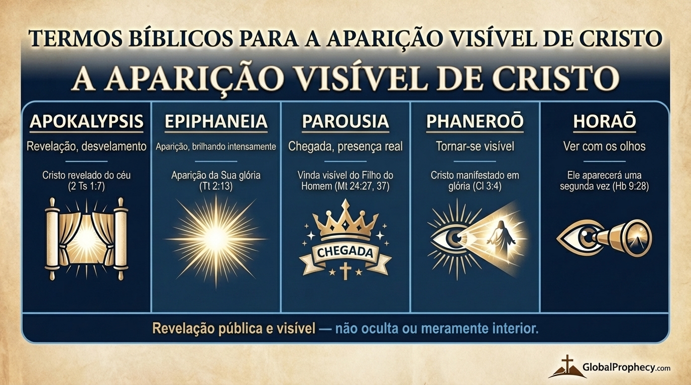 Gráfico informativo explicando os termos gregos para a Segunda Vinda visível de Cristo.