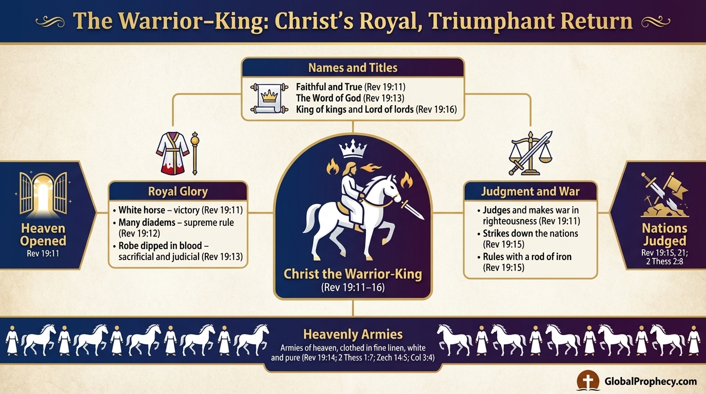 Diagram of Christ’s royal, triumphant return in Revelation 19 with heavenly armies.