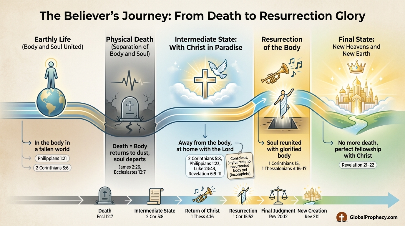 Infographic timeline of a believer’s soul from death through the intermediate state to resurrection glory.