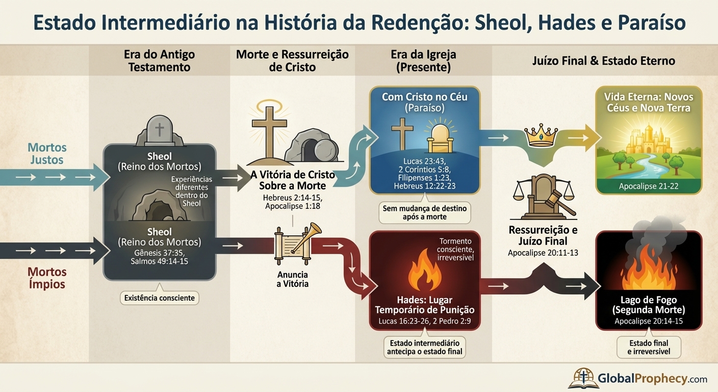 Diagrama do Sheol, Hades e Paraíso através da história da redenção para os mortos justos e ímpios.