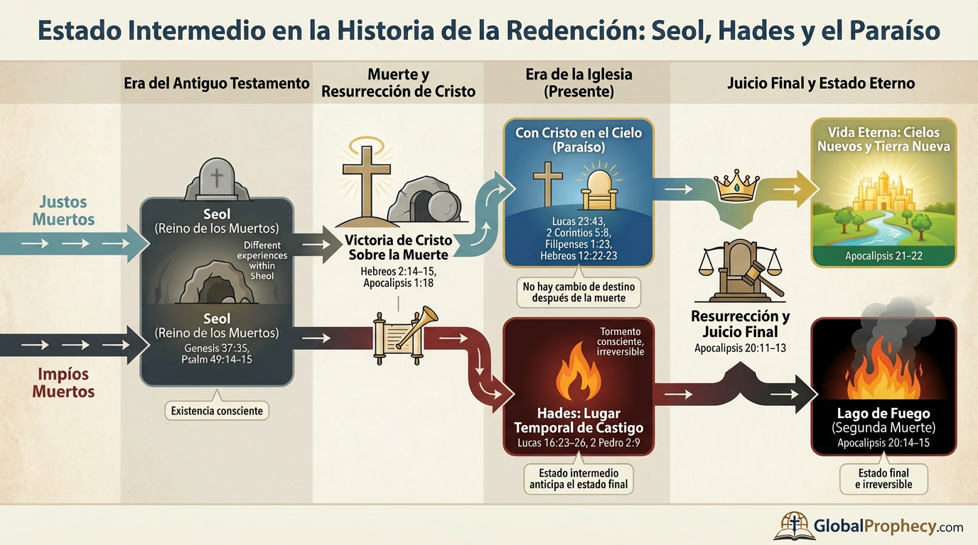 Diagrama del Seol, Hades y Paraíso a través de la historia de la redención para los muertos justos e impíos.