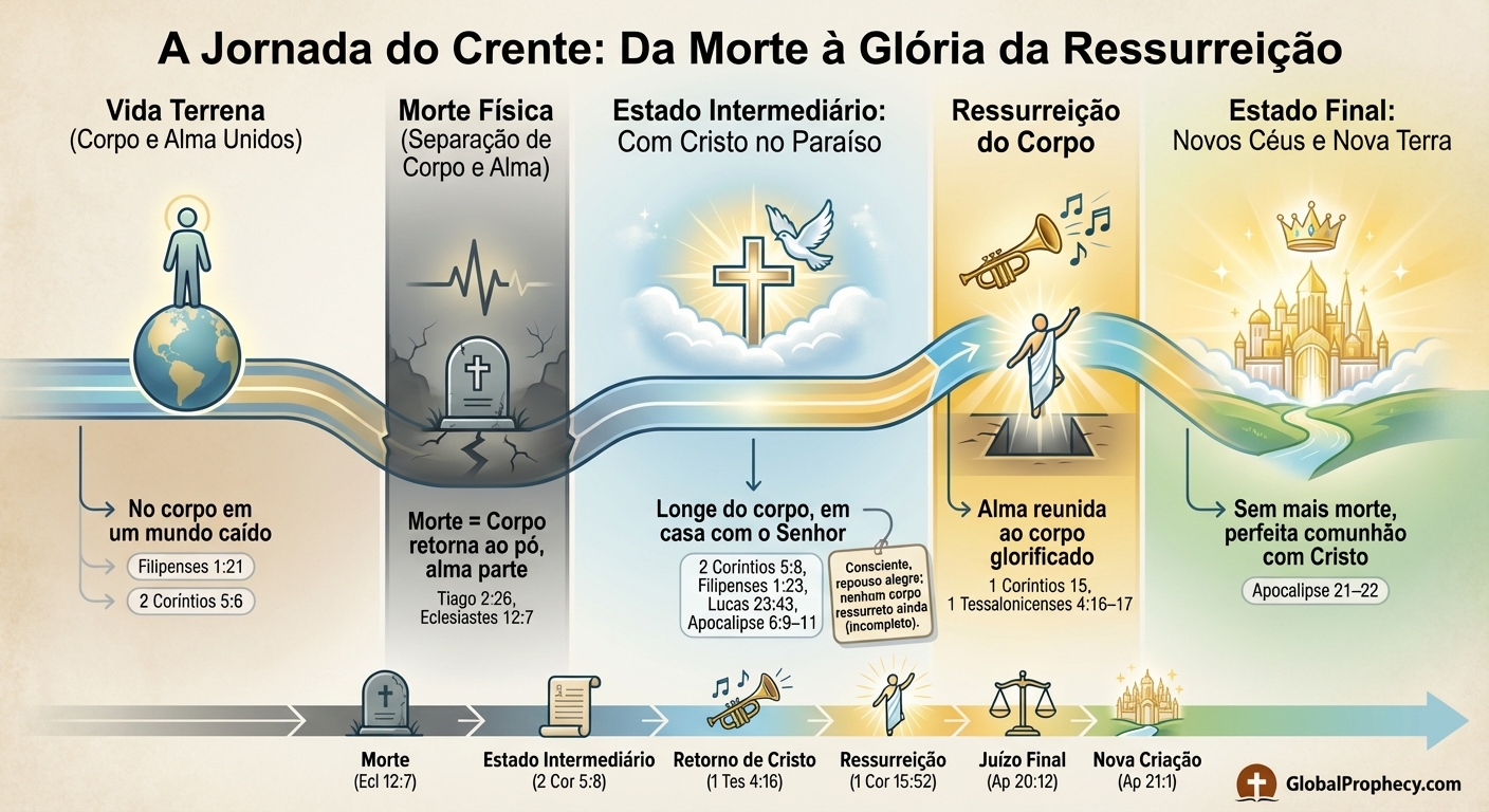 Infográfico da jornada do crente desde a morte através do estado intermediário até a glória da ressurreição.