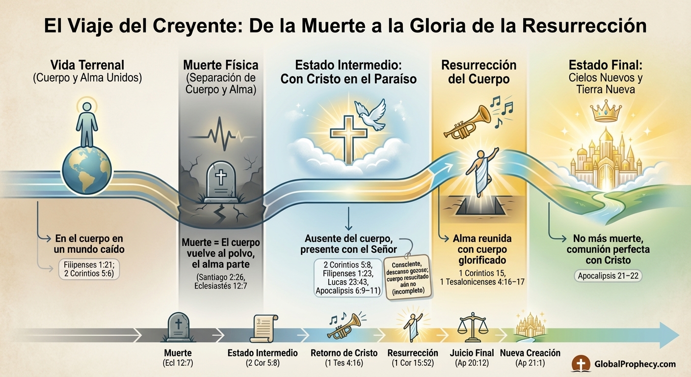 Línea de tiempo infográfica del viaje del creyente desde la muerte a través del estado intermedio hasta la gloria de la resurrección.