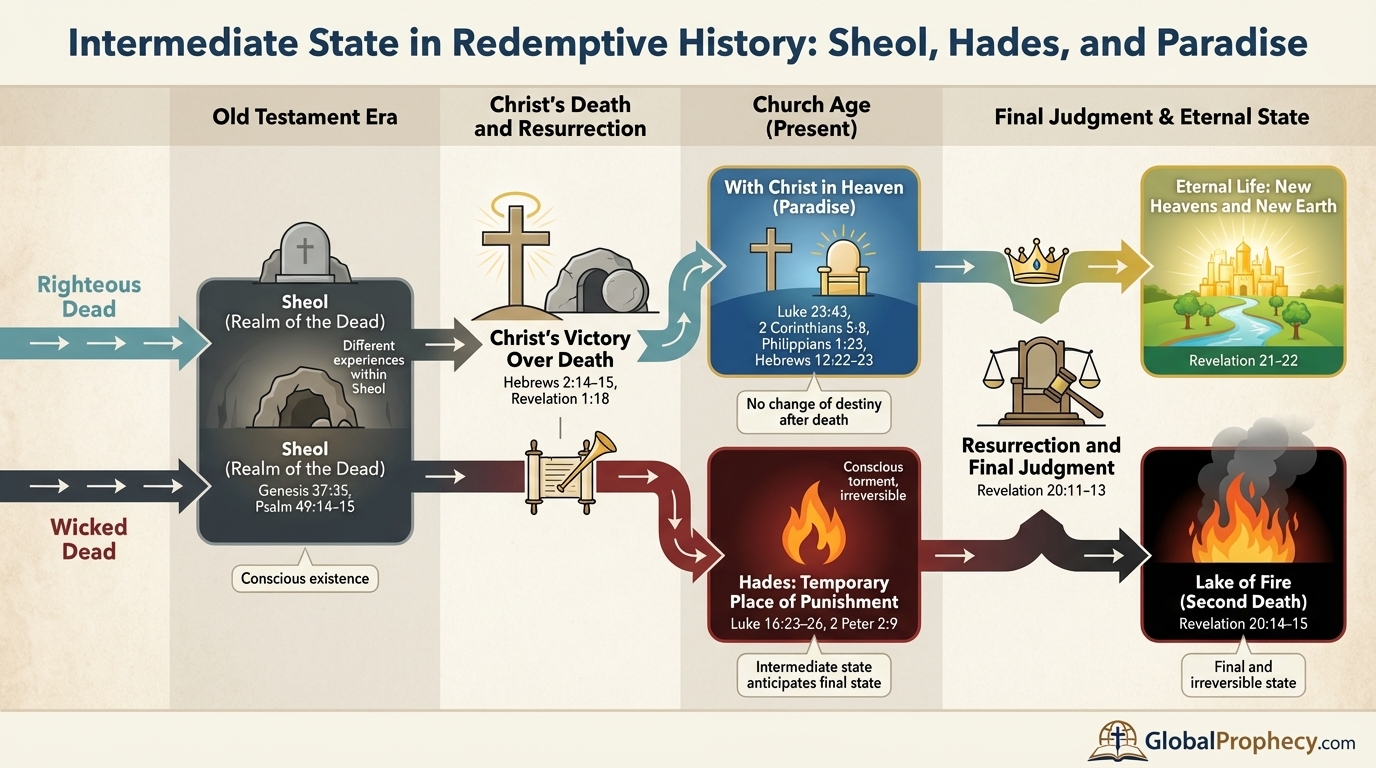 Diagram of Sheol, Hades, and Paradise across redemptive history for the righteous and wicked dead.