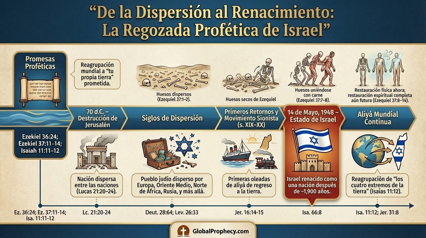Línea de tiempo infográfica desde la caída de Israel en el año 70 d.C. hasta el renacimiento profético de la nación en 1948.