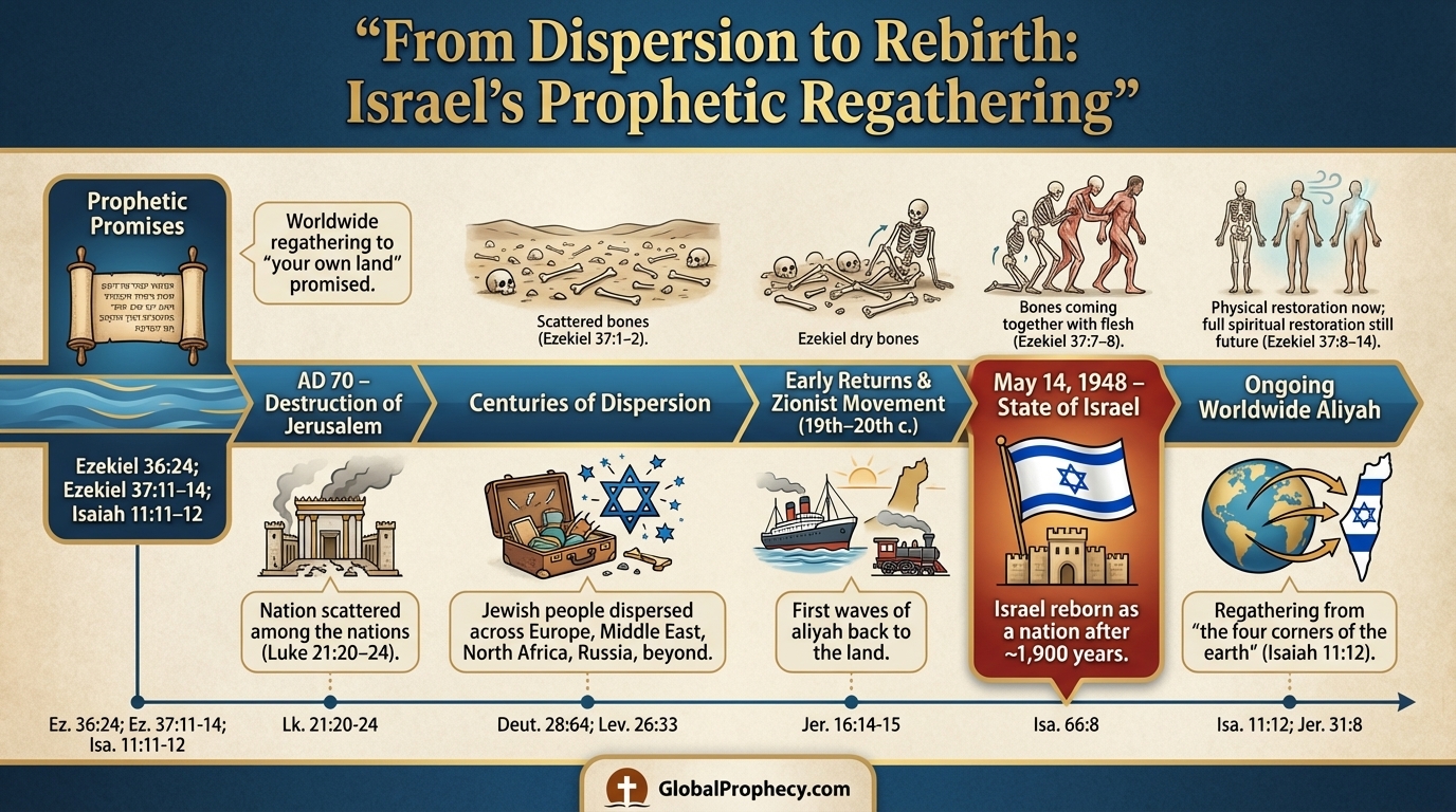 Infographic timeline from Israel’s fall in AD 70 to the prophetic rebirth of the nation in 1948.