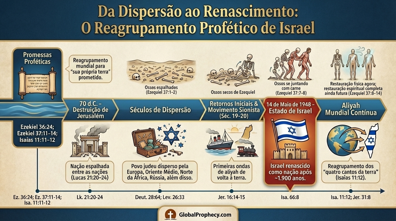 Linha do tempo em infográfico da queda de Israel em 70 d.C. até o renascimento profético da nação em 1948.