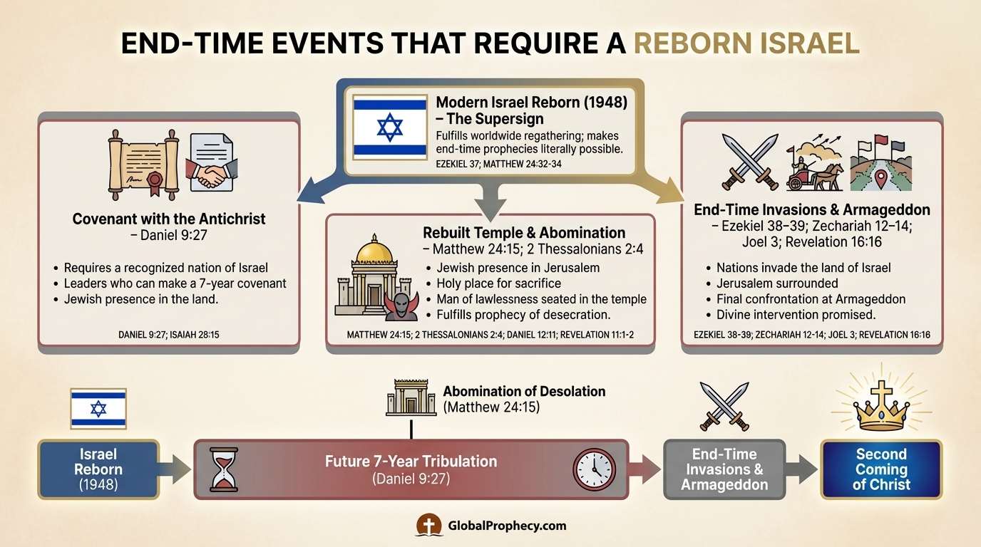 Diagram linking Israel’s rebirth in 1948 to key end-time events that require a living nation of Israel.