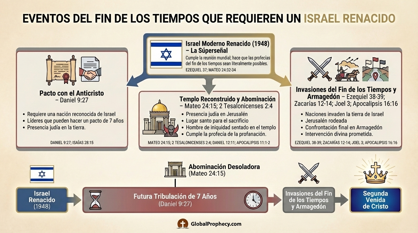 Diagrama que vincula el renacimiento de Israel en 1948 con eventos clave del fin de los tiempos que requieren una nación viva de Israel.