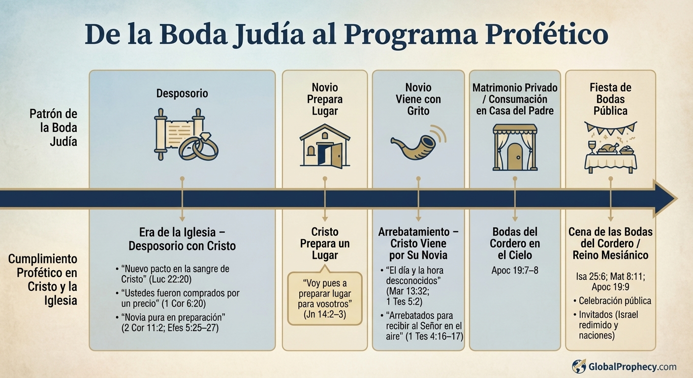 Infografía de la línea de tiempo que muestra los pasos de una boda judía alineados con eventos proféticos del fin de los tiempos, desde el compromiso hasta la cena de bodas.