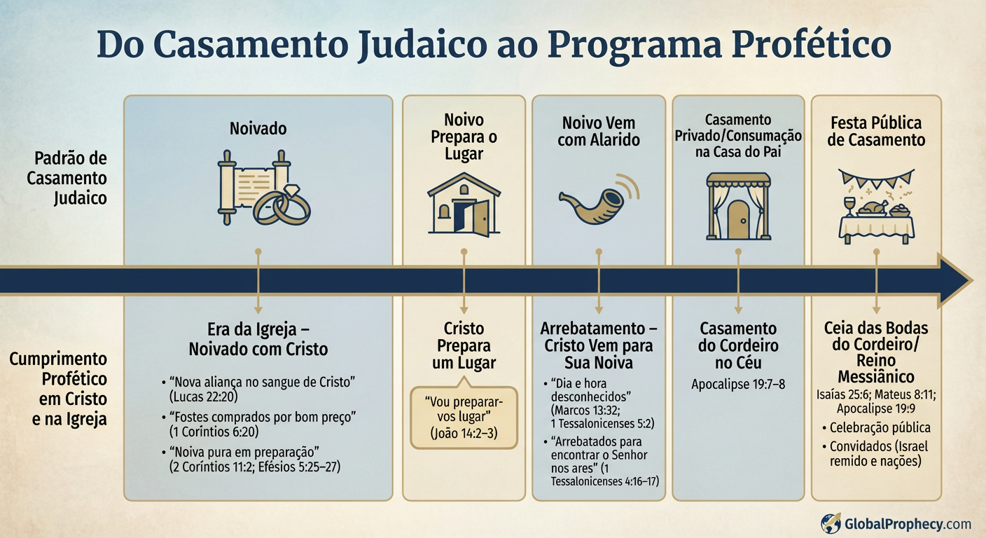 Infográfico de linha do tempo mostrando as etapas do casamento judaico alinhadas com eventos proféticos do fim dos tempos, desde o noivado até o banquete de casamento.