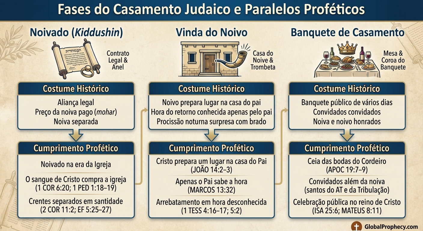 Infográfico comparando três etapas do casamento judaico com seus cumprimentos proféticos em Cristo e na igreja.
