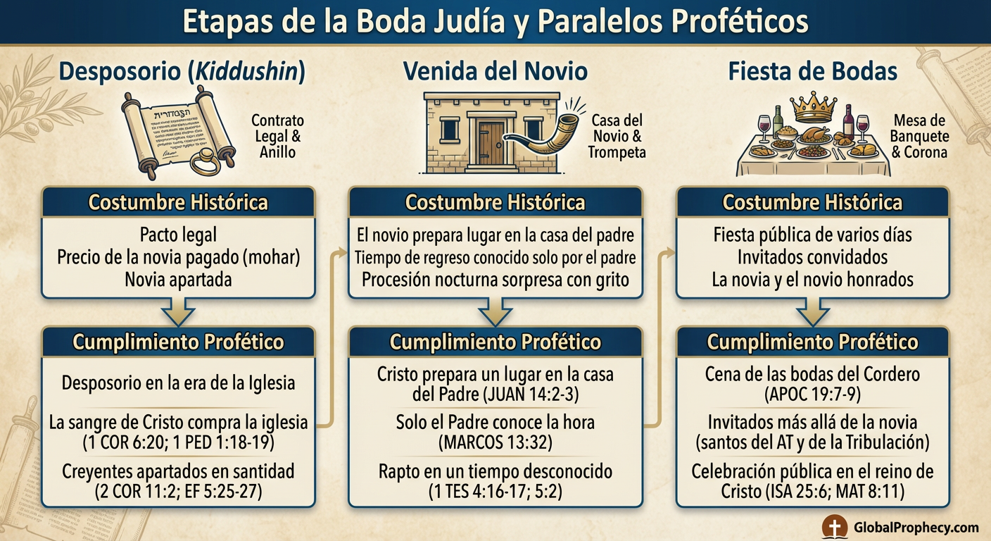 Infografía que compara las tres etapas de una boda judía con sus cumplimientos proféticos en Cristo y la iglesia.