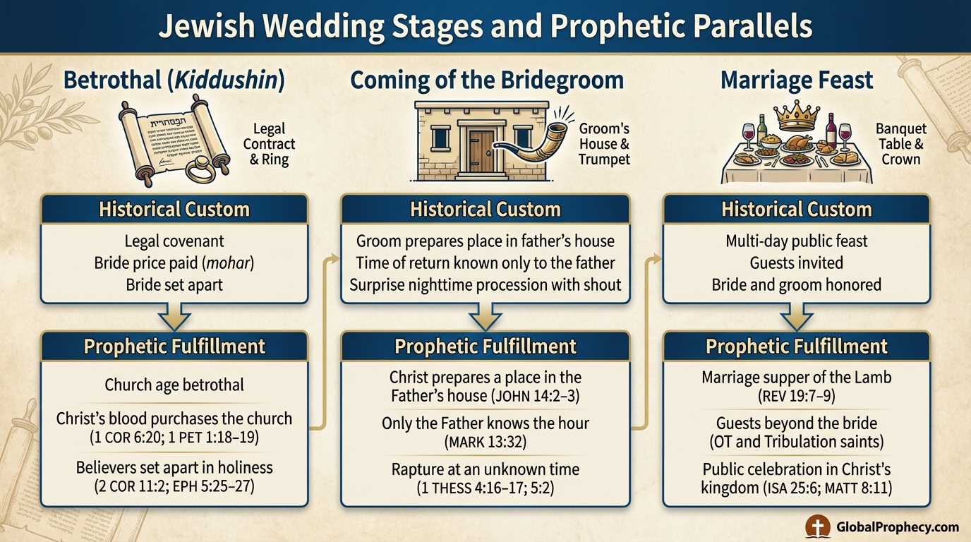 Infographic comparing three Jewish wedding stages with their prophetic fulfillments in Christ and the church.