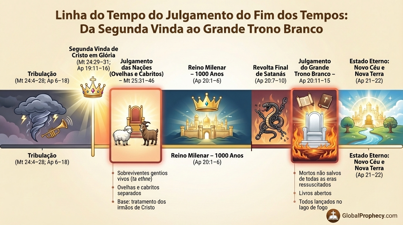 Linha do tempo em infográfico mostrando o Julgamento das Nações e o Grande Trono Branco na sequência dos últimos tempos.