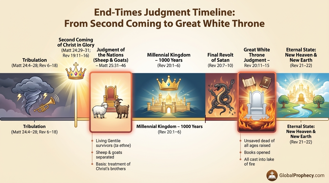 Infographic timeline showing the Judgment of the Nations and the Great White Throne in the end-times sequence.