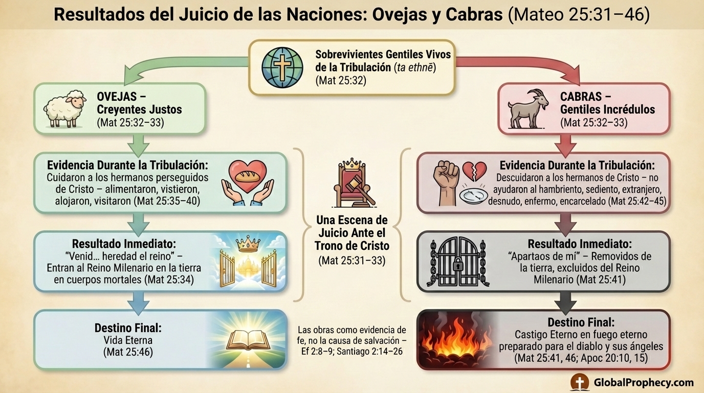 Diagrama de flujo que muestra cómo las ovejas y cabras en el Juicio de las Naciones se dirigen hacia el reino o el castigo eterno.