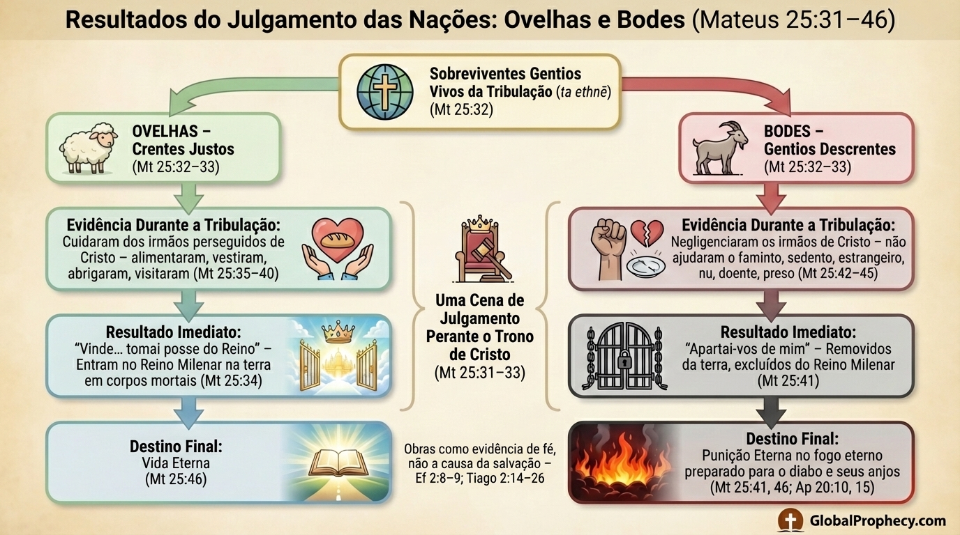 Fluxograma mostrando como as ovelhas e cabras no Julgamento das Nações se movem em direção ao reino ou ao castigo eterno.