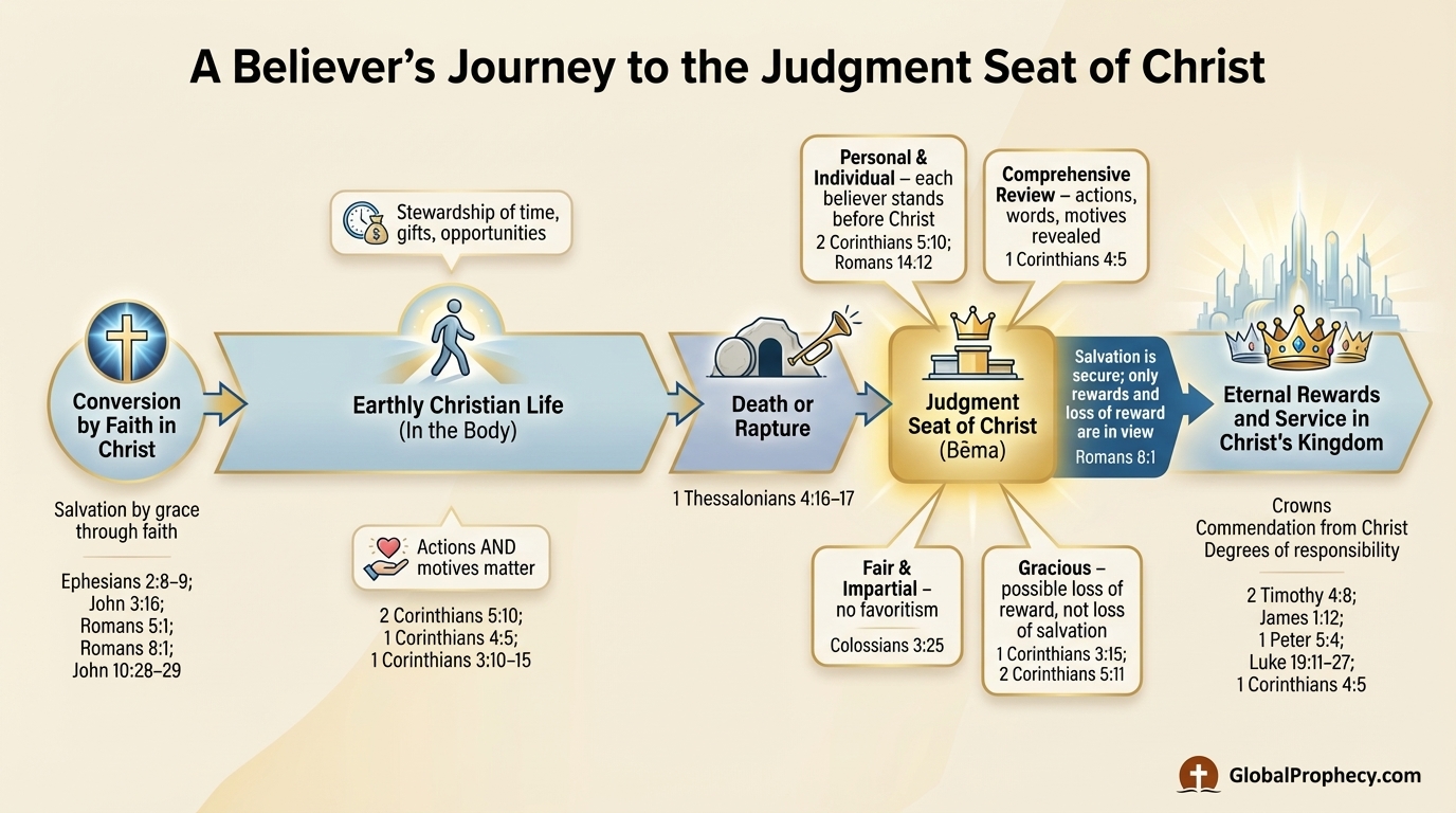 Infographic timeline of a believer’s journey from conversion to the Judgment Seat of Christ and eternal rewards.