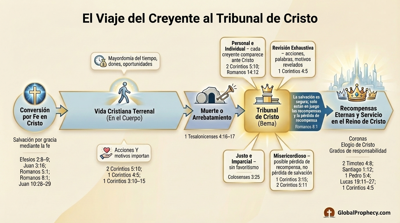 Línea de tiempo infográfica del viaje de un creyente desde la conversión hasta el Tribunal de Cristo y las recompensas eternas.