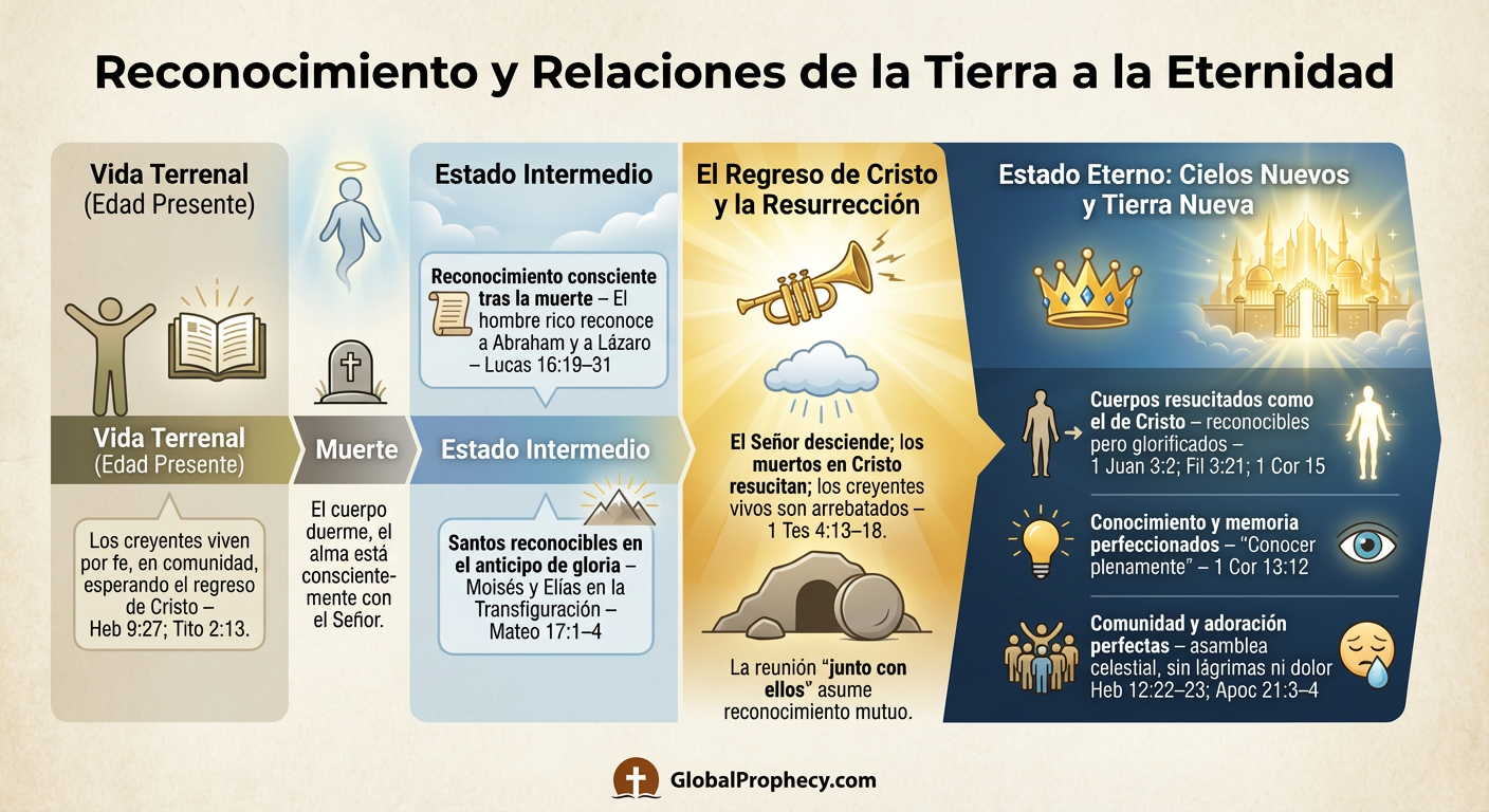 Línea de tiempo infográfica que muestra el reconocimiento y las relaciones desde la vida terrenal hasta el estado eterno.