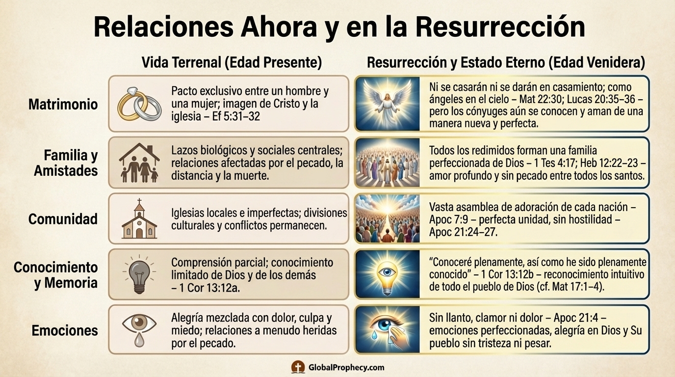 Tabla comparativa de relaciones terrenales y relaciones en la resurrección y el estado eterno.