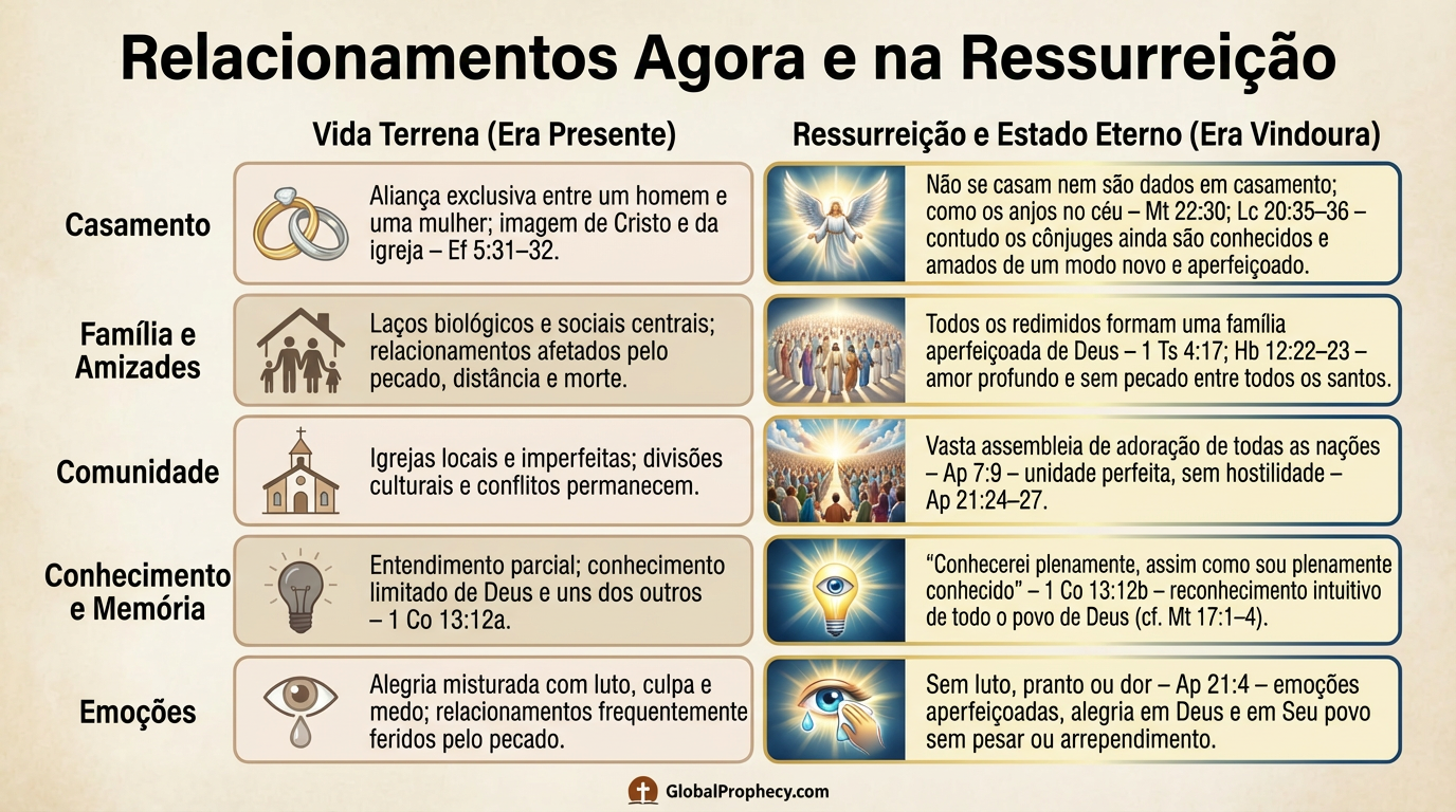 Tabela comparativa das relações terrenas e das relações na ressurreição e no estado eterno.