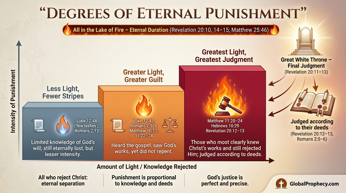 Infographic showing degrees of eternal punishment based on knowledge and deeds at the final judgment.