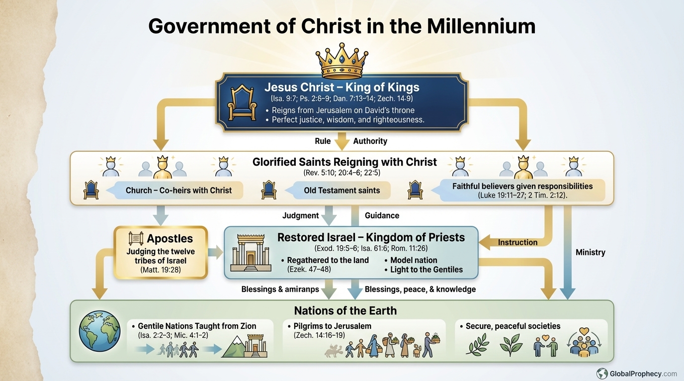 Diagram of Christ’s millennial government showing His rule, the saints’ shared authority, Israel, and the nations.