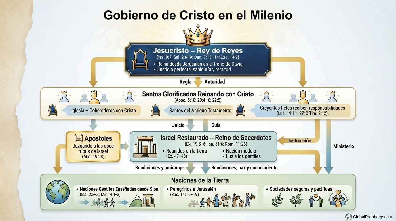 Diagrama del gobierno milenial de Cristo que muestra Su dominio, la autoridad compartida de los santos, Israel y las naciones.