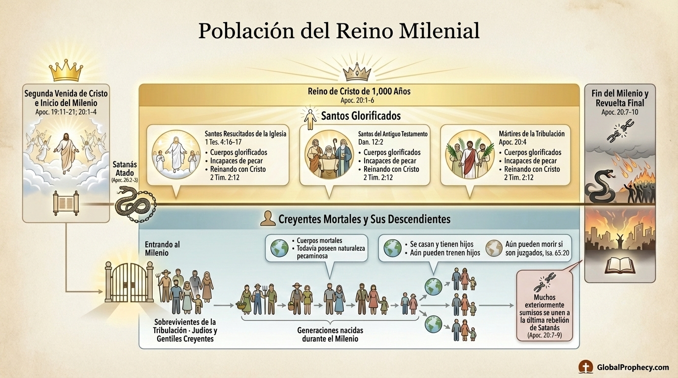 Infografía que muestra a santos glorificados y creyentes mortales viviendo juntos durante el reinado milenario de Cristo.