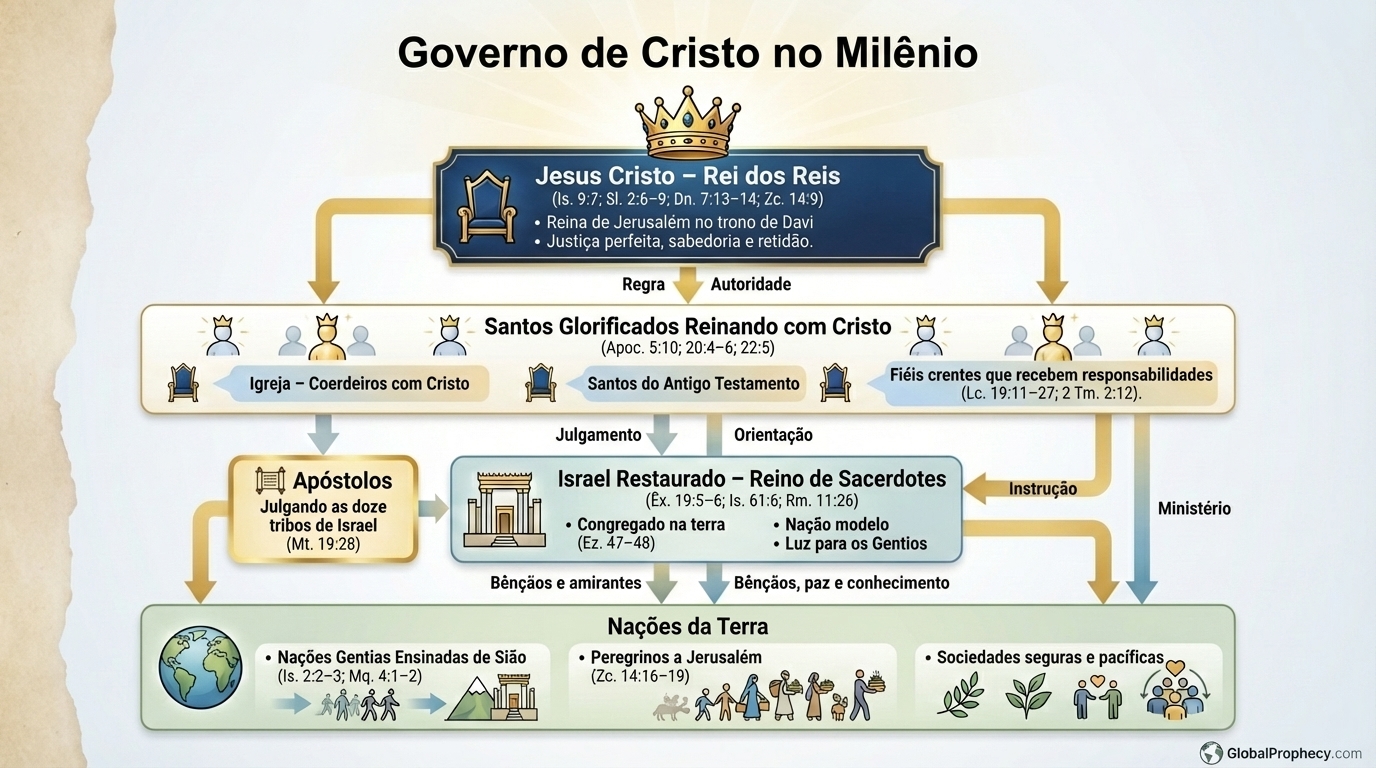 Diagrama do governo milenar de Cristo mostrando Seu domínio, a autoridade compartilhada dos santos, Israel e as nações.