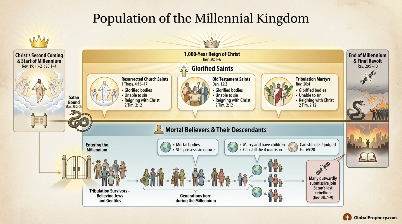 Infographic showing glorified saints and mortal believers living together during Christ’s thousand-year reign.
