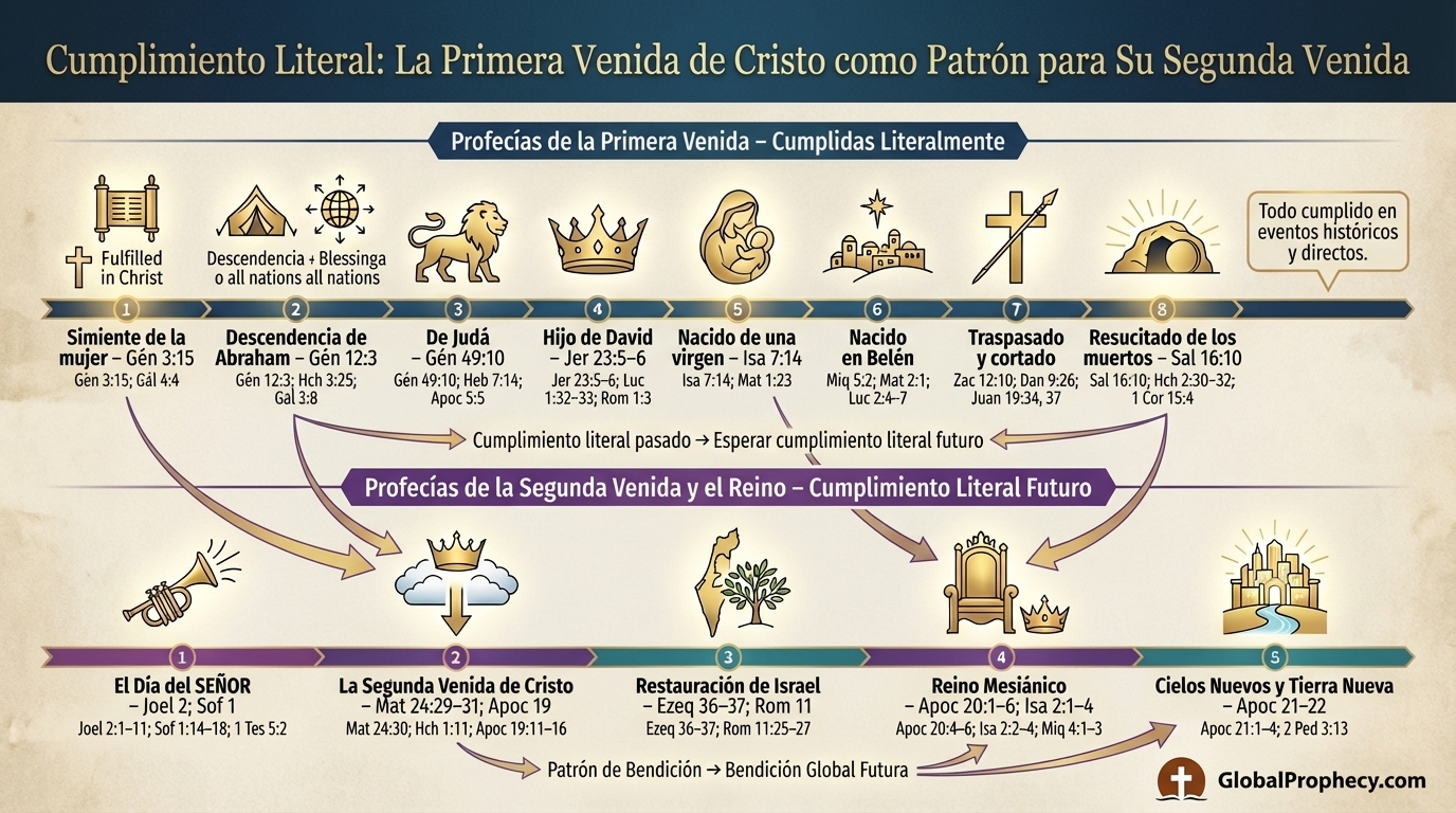 Línea de tiempo infográfica que muestra el cumplimiento literal de las primeras profecías como patrón para la profecía de la segunda venida.