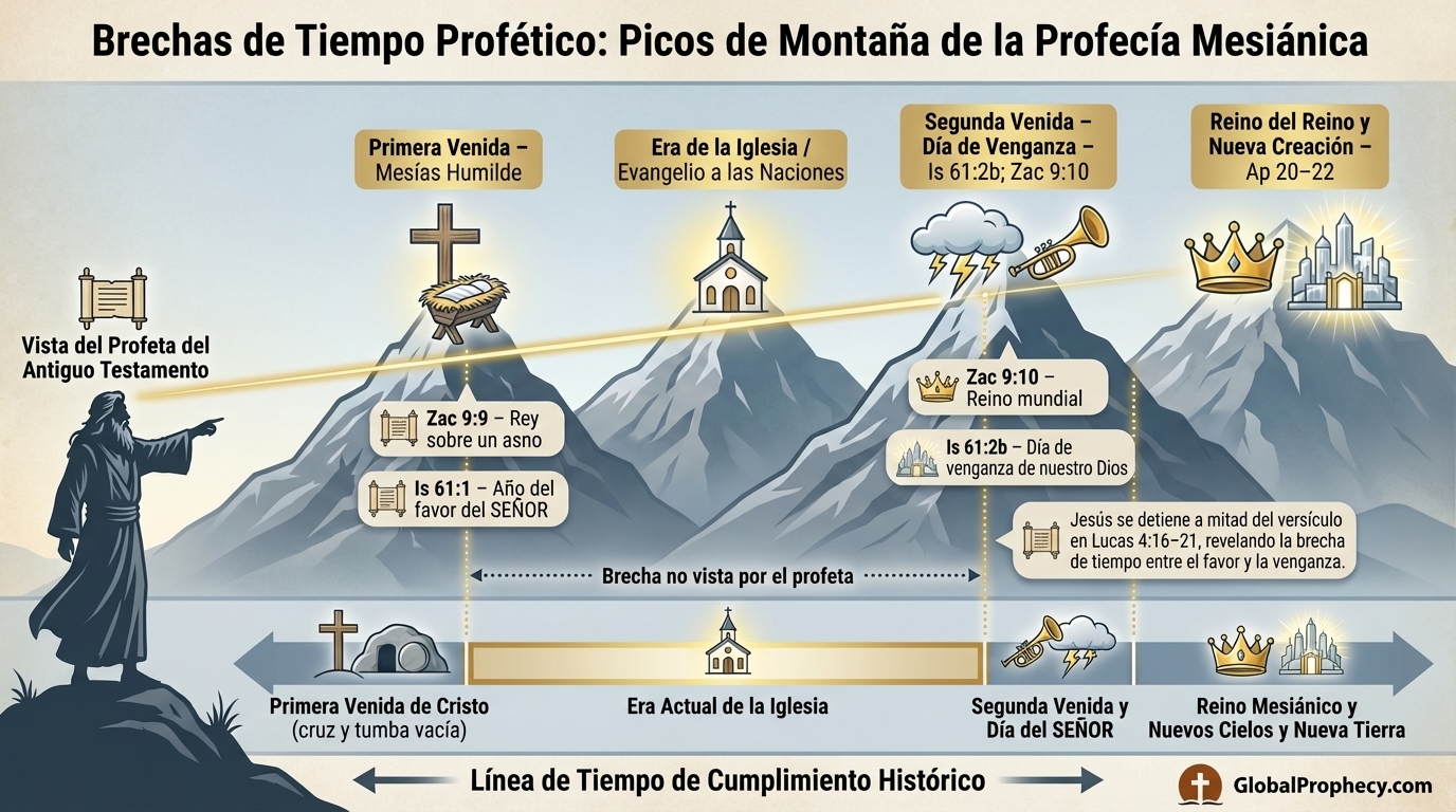 Diagrama infográfico de picos montañosos proféticos que muestra los intervalos de tiempo entre los eventos de la primera y segunda venida.