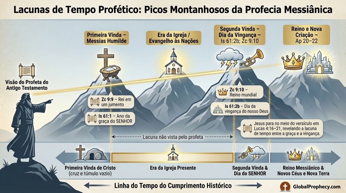 Diagrama infográfico de picos montanhosos proféticos mostrando intervalos de tempo entre os eventos da primeira e da segunda vinda.