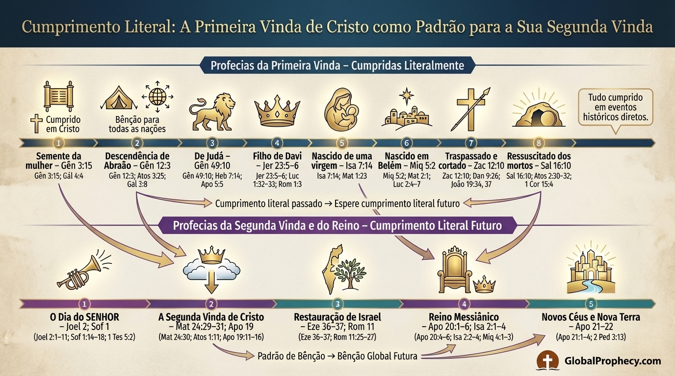 Linha do tempo em infográfico mostrando o cumprimento literal das primeiras profecias como padrão para a profecia da segunda vinda.