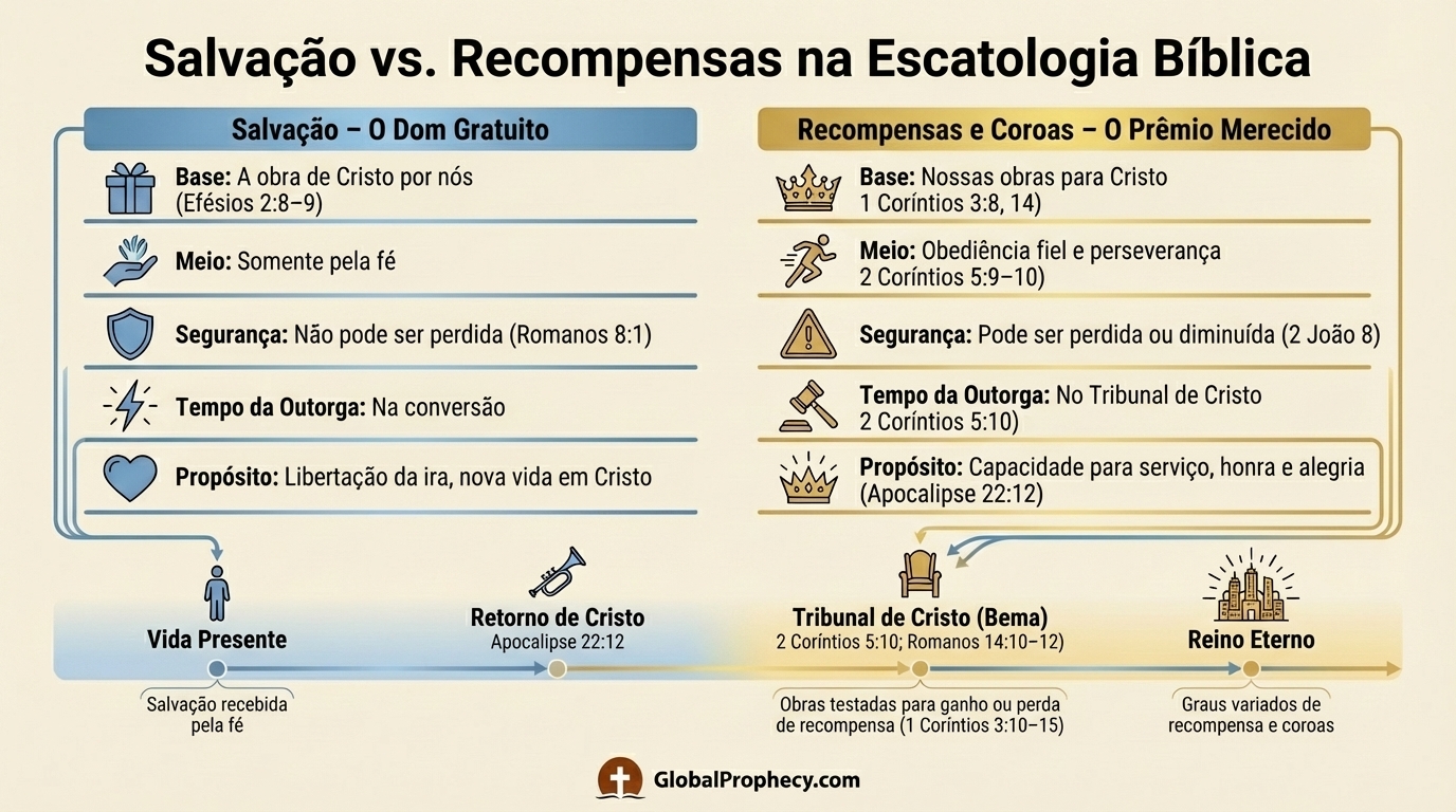 Infográfico comparando a salvação gratuita com recompensas eternas e coroas condicionais na escatologia bíblica.
