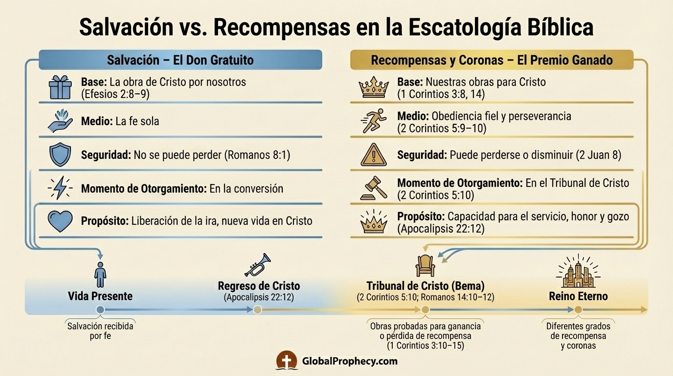 Infografía que compara la salvación gratuita con recompensas eternas y coronas condicionales en la escatología bíblica.