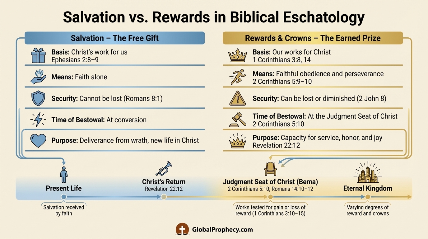 Infographic comparing free salvation with conditional eternal rewards and crowns in biblical eschatology.