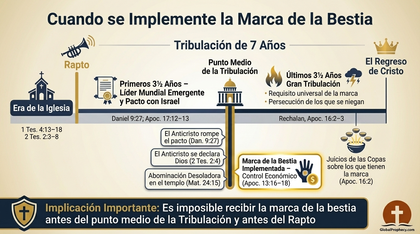 Infografía cronológica del rapto y la tribulación de siete años, destacando cuándo se implementa la marca de la bestia.