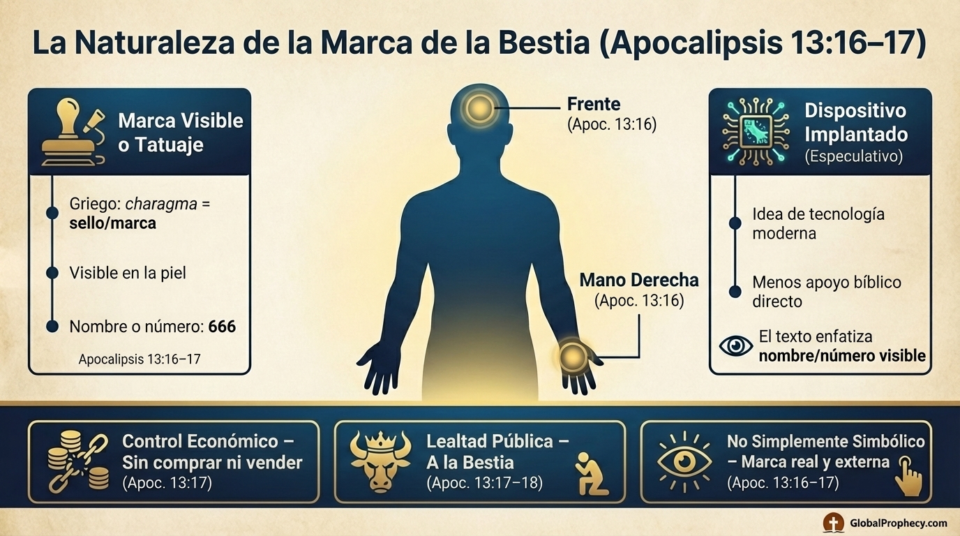 Infografía que compara las opiniones sobre la marca de la bestia y muestra su ubicación visible en la mano o en la frente.