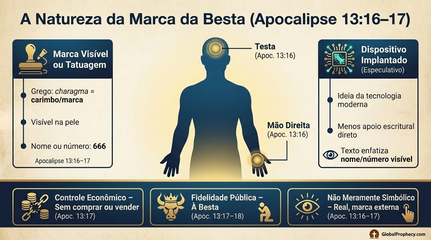 Infográfico comparando visões da marca da besta e mostrando sua colocação visível na mão ou na testa.