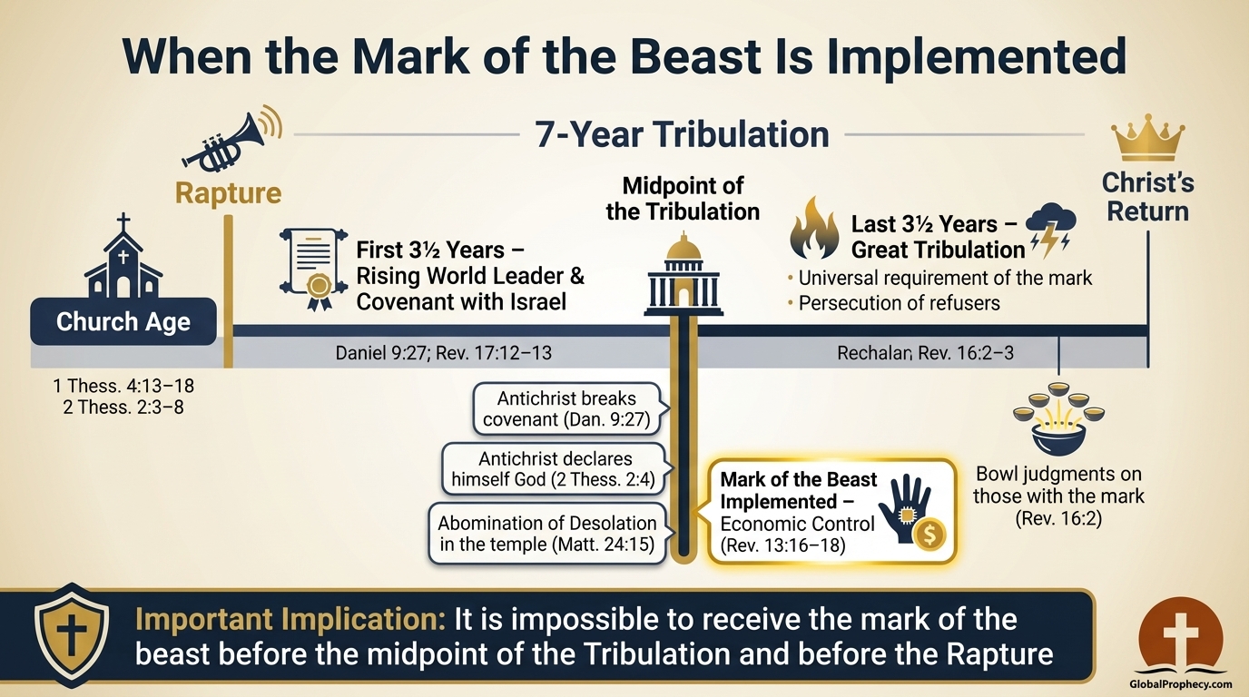 Timeline infographic of the rapture and seven-year tribulation highlighting when the mark of the beast is implemented.