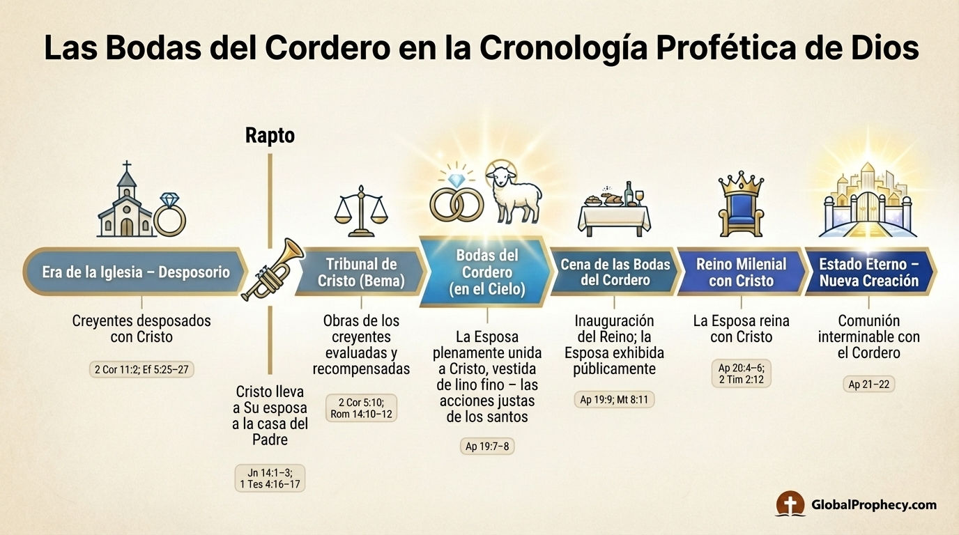 Infografía cronológica que muestra el desposorio de la iglesia, el rapto, el matrimonio del Cordero, la cena de las bodas y el reinado compartido con Cristo.