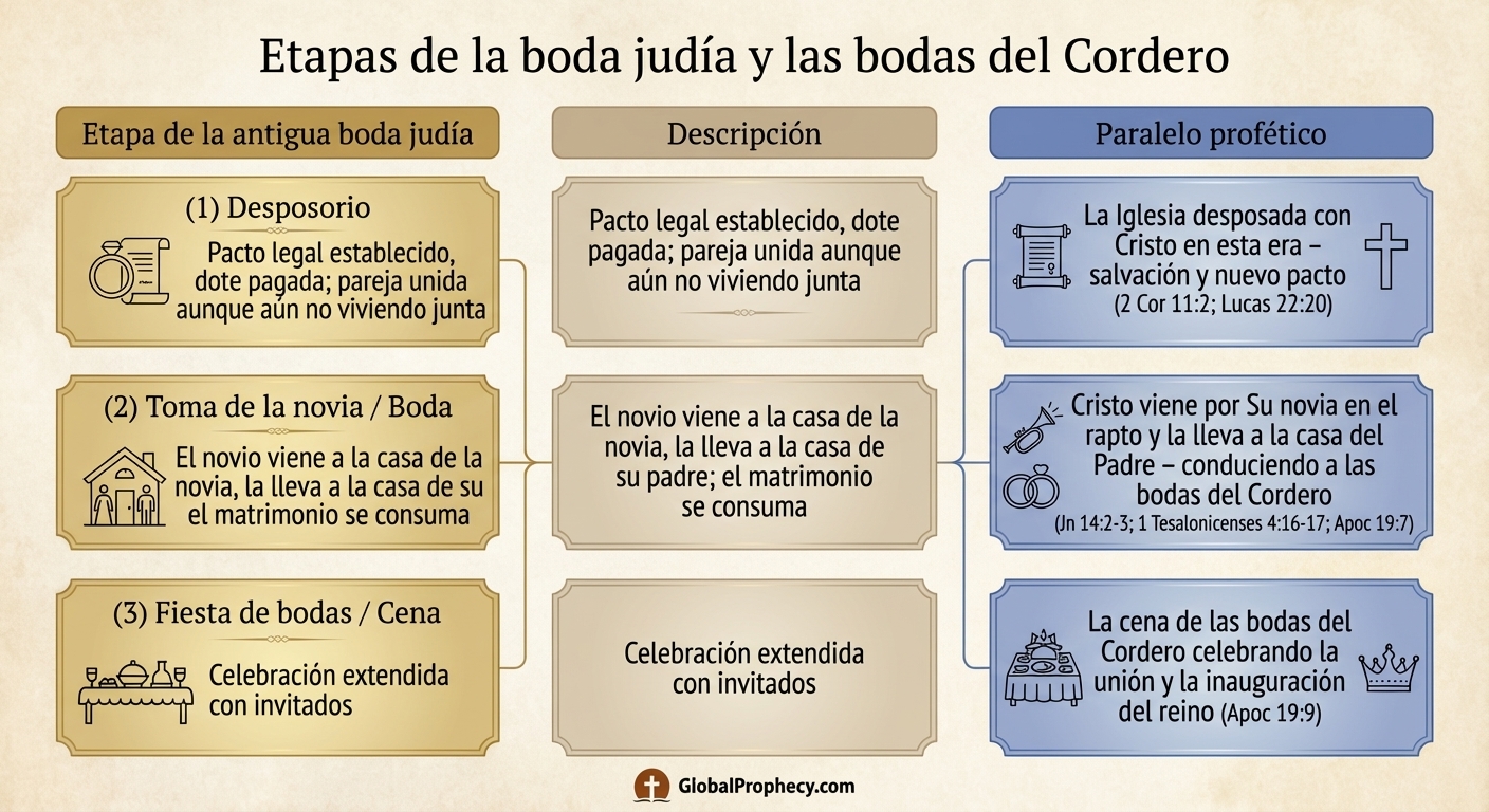 Infografía que compara las etapas de las bodas judías antiguas con Cristo y la iglesia en Apocalipsis 19.