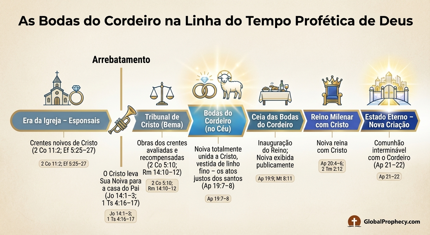 Infográfico de linha do tempo mostrando o noivado da igreja, arrebatamento, casamento do Cordeiro, ceia do casamento e reinado compartilhado com Cristo.